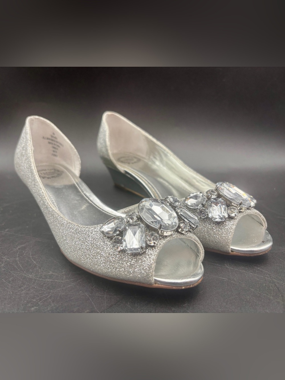I. Miller Rhoda Silver Glitter Crystal Wedge Peep Toe Pump Shoes Size 6M